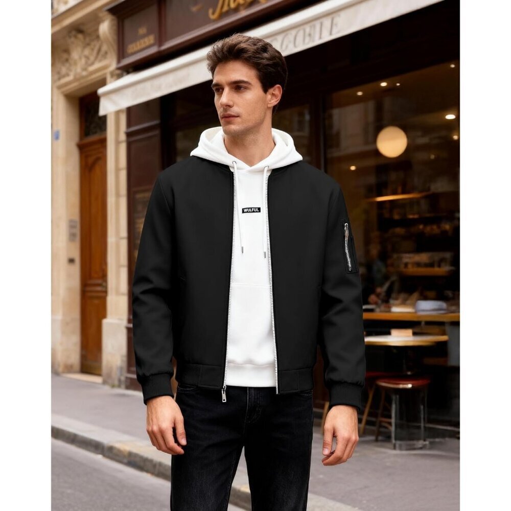 Men's Black Bomber Jacket Coat Lightweight Casual Windbreaker Zip Up Pocket - Picture 3 of 5